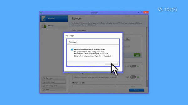 After the recovery has finished, click OK on the System Restart window.