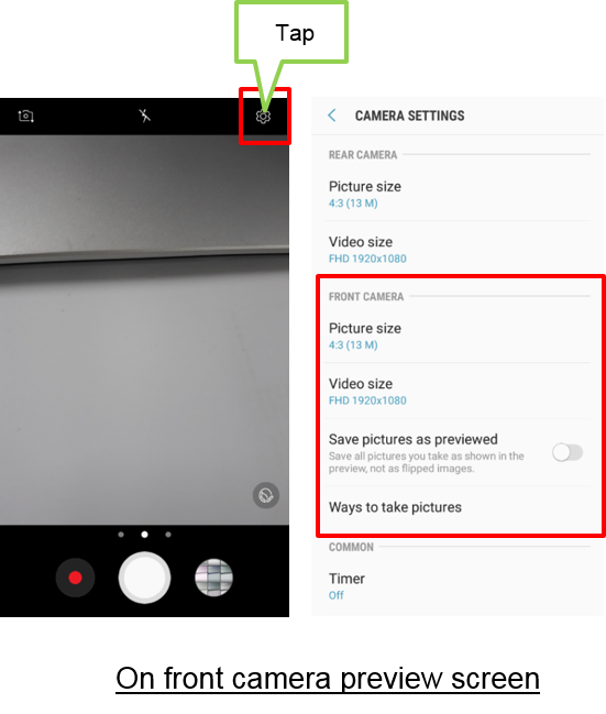 Galaxy J series 2017: Which settings option are supported on front camera?
