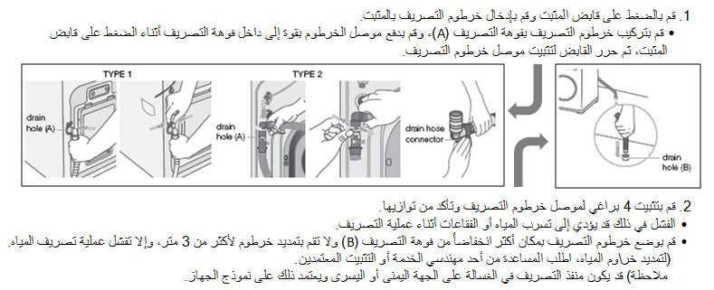 كيف يمكنني حلّ مشكلة تسرب المياه في أماكن الاتصال عند التصريف بغسالات سامسونج؟