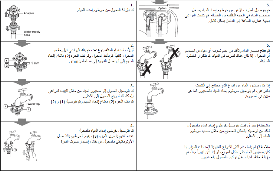 كيف يمكنني حلّ مشكلة تسرب المياه في أماكن الاتصال عند إمداد الماء بغسالات سامسونج؟ (2)