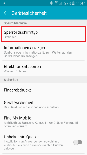 Tippen Sie dort auf Sperrbildschirmtyp