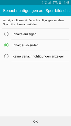Sie können nun noch auswählen, wie Benachrichtigungen auf dem Sperrbildschirm angezeigt werden. Bestätigen Sie Ihre Einstellung abschließend mit OK