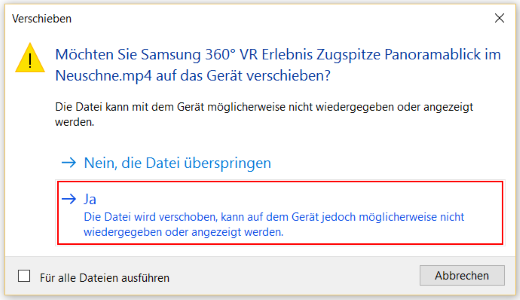 Falls Windows in einem Hinweis nachfragt, ob die Datei verschoben werden soll, bestätigen Sie dies bitte mit Ja
