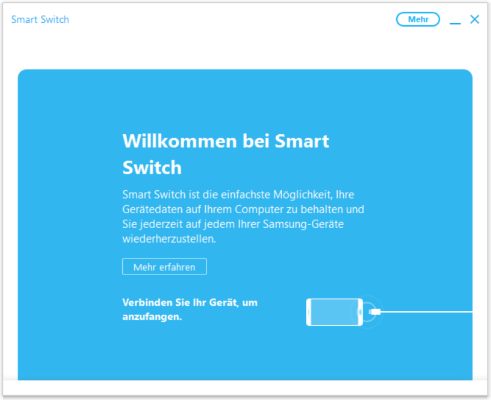 Starten Sie zunächst SmartSwitch an Ihrem Rechner und verbinden Sie dann mit einem USB-Kabel Ihr Smartphone mit Ihrem Rechner