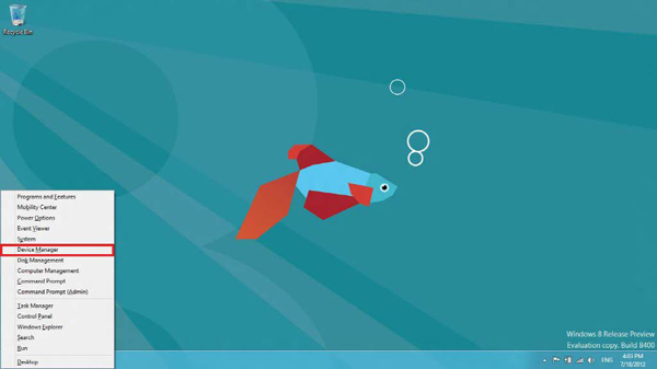 Move the cursor to the bottom left corner of the screen and right-click to open the Device Manager