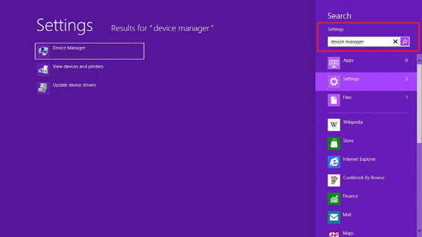 Select the Search option from the Charm Bar and select search areas and enter Device Manager in the search box