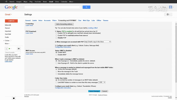 Select the IMAP enable check box then save the settings