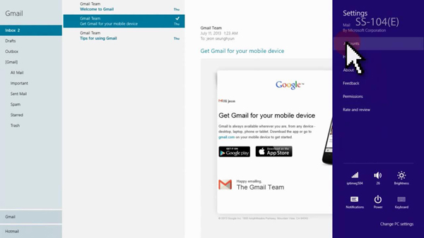 Press Windows 8 logo key + C to open the menu then click Settings > Accounts