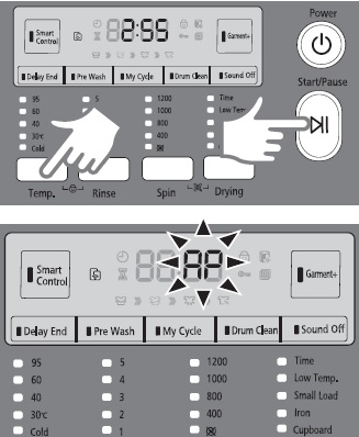 Press the temp. and Start/Pause buttons