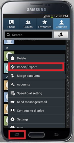 Select the Menu key and then Import/Export