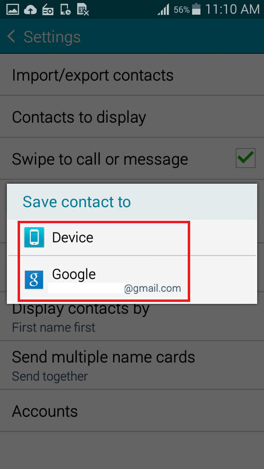 Select where to save the contacts to (device or a linked account)