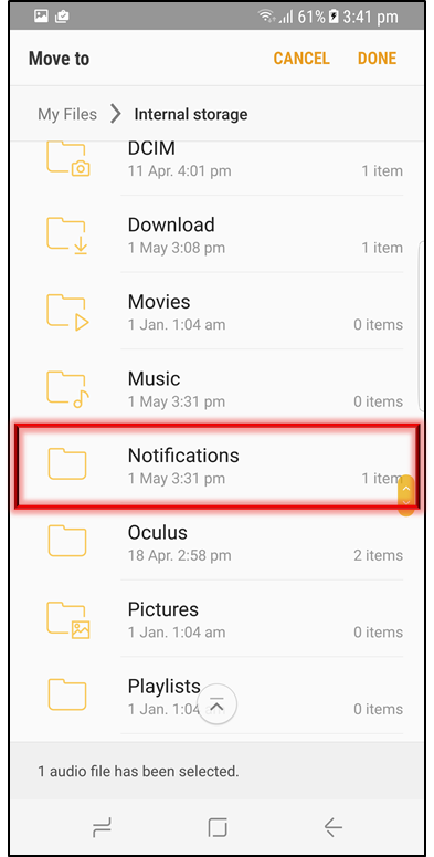 How to set an Audio file as a Message notification