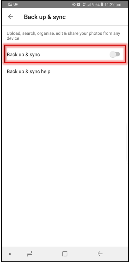 Toggle the switch to enable back up and sync