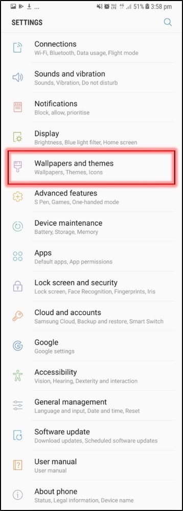 Settings > Wallpapers and themes
