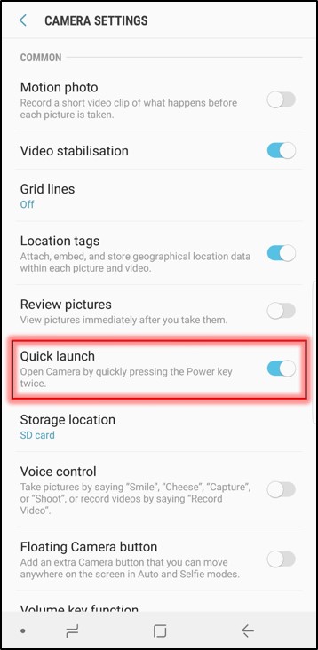 Toggle the switch to enable Quick Launch