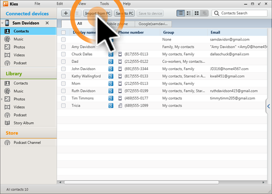 Kies: How do I import Contacts using Kies 2.6?