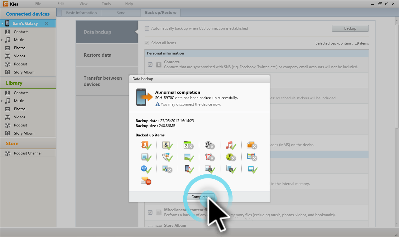 What can I backup and recover from my device using Kies?