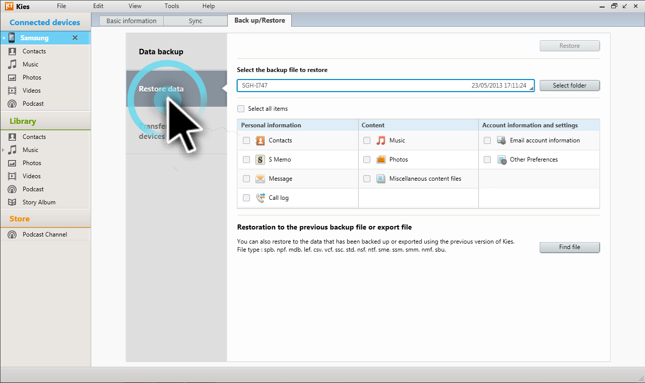 What can I backup and recover from my device using Kies?
