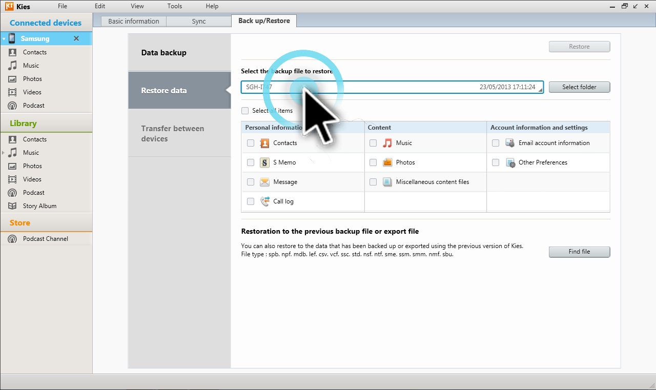 What can I backup and recover from my device using Kies?