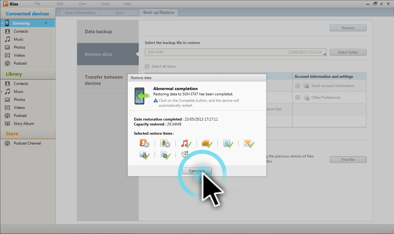 What can I backup and recover from my device using Kies?