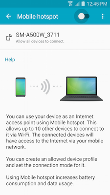 How do I set up the Mobile Hotspot or tethering features on my Samsung Galaxy A5?