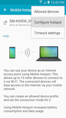 How do I set up the Mobile Hotspot or tethering features on my Samsung Galaxy A5?
