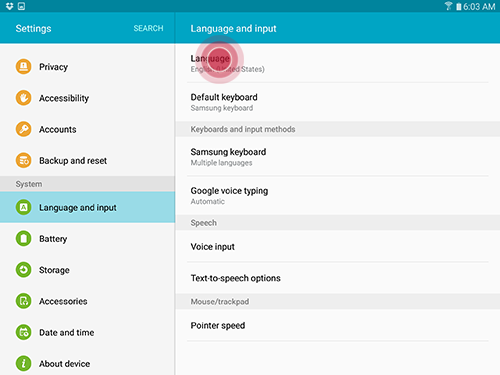 How do I change the Default System Language and Input Settings on my Galaxy Tab S2?