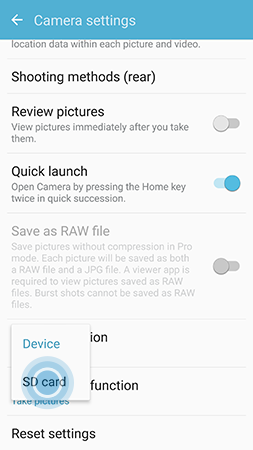 How do I change the Default Save Location for Pictures and Videos on my Galaxy S7?