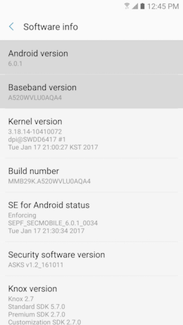 Galaxy A5 (2017): What is the software version on my Samsung Galaxy A5 2017 (SM-A520W)?