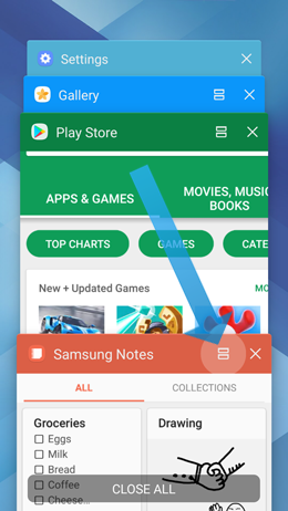 How do I use the multi window view (or split screen view) on my Galaxy A5 2017?