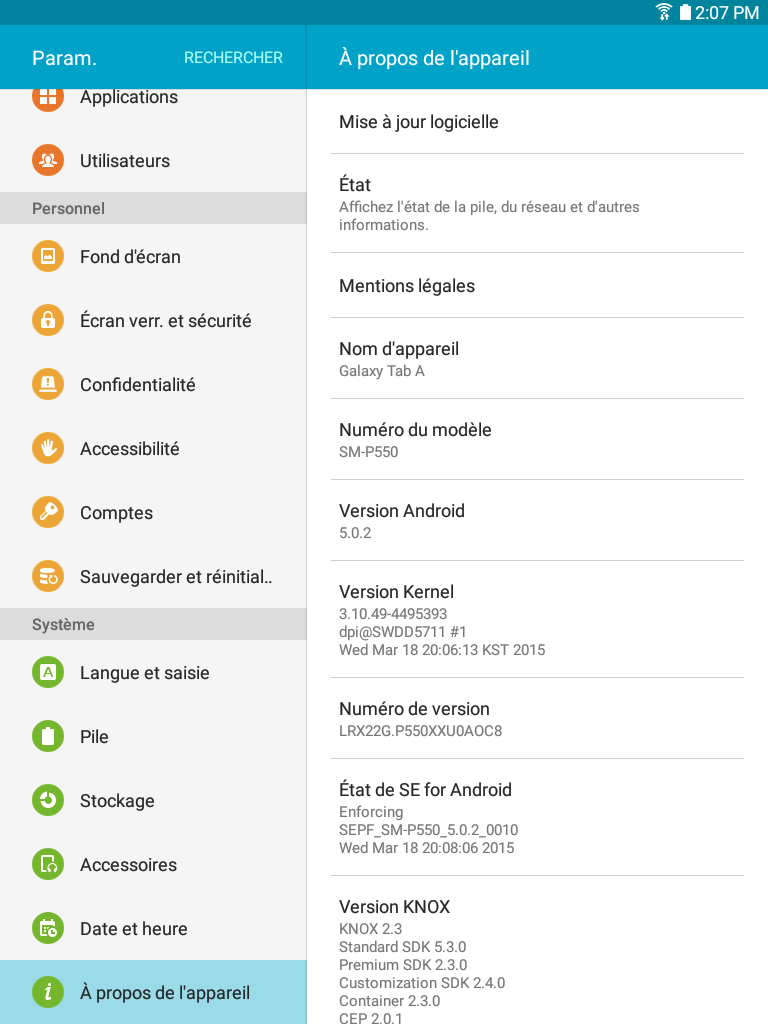 Galaxy Tab A: Accéder aux informations relatives à la tablette (SM-T350)