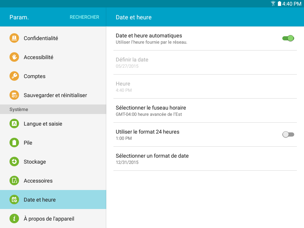 Galaxy Tab A: Date et heure (SM-T350)