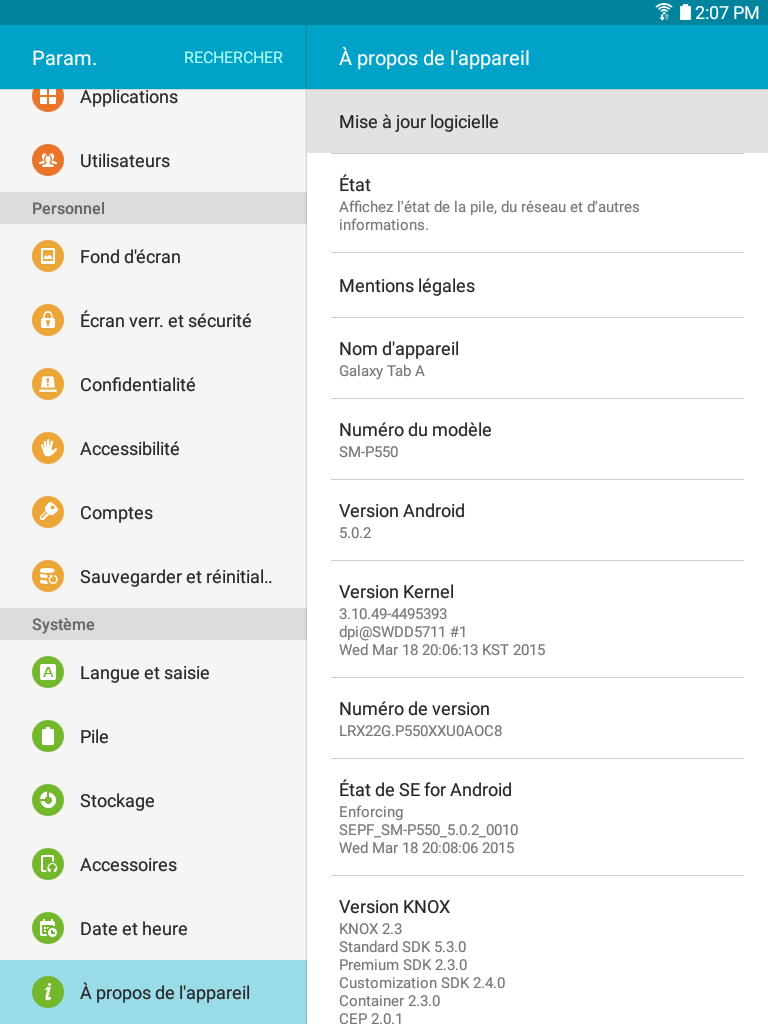 Galaxy Tab A: Accéder aux informations relatives à la tablette (SM-T350)
