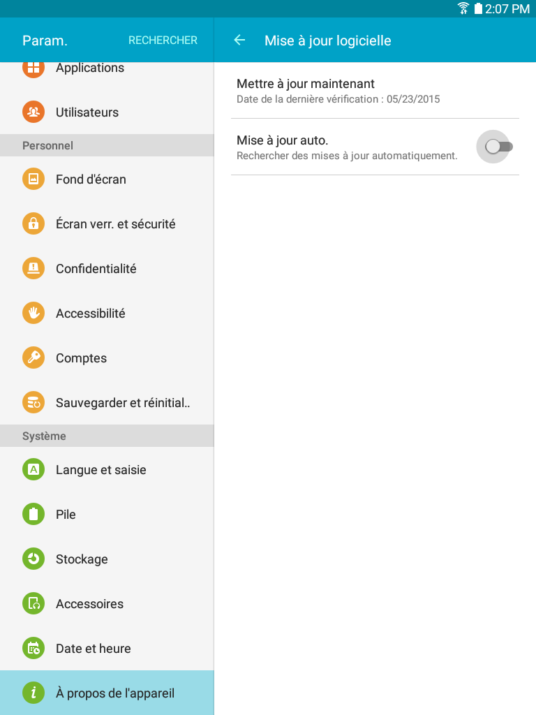 Galaxy Tab A: Accéder aux informations relatives à la tablette (SM-T350)