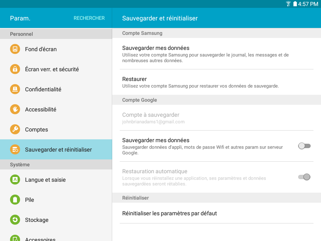 Galaxy Tab A: Sauvegarder les données ou réinitialiser les paramètres par défaut(SM-T350)