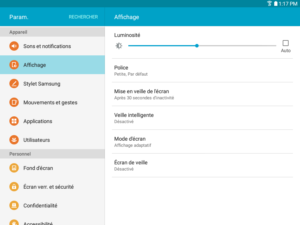 Galaxy Tab A: Luminosité et mise en veille de l'écran (SM-T350)