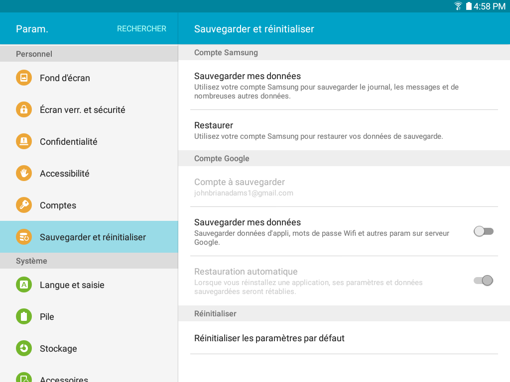 Galaxy Tab A: Sauvegarder les données ou réinitialiser les paramètres par défaut(SM-T350)
