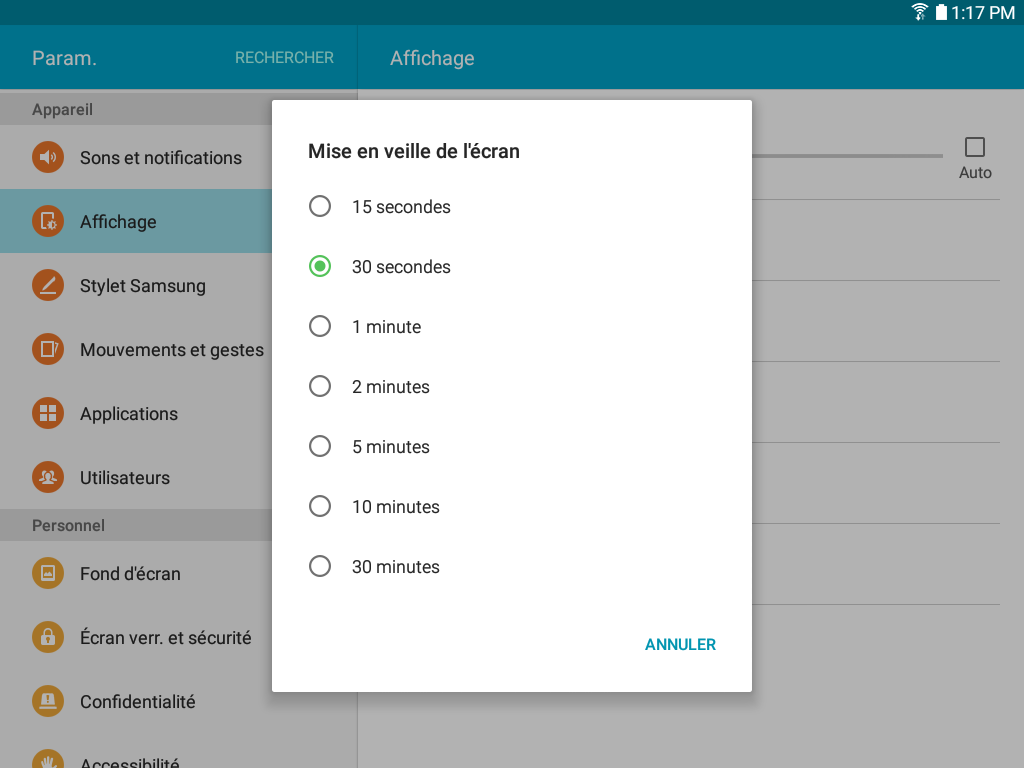 Galaxy Tab A: Luminosité et mise en veille de l'écran (SM-T350)