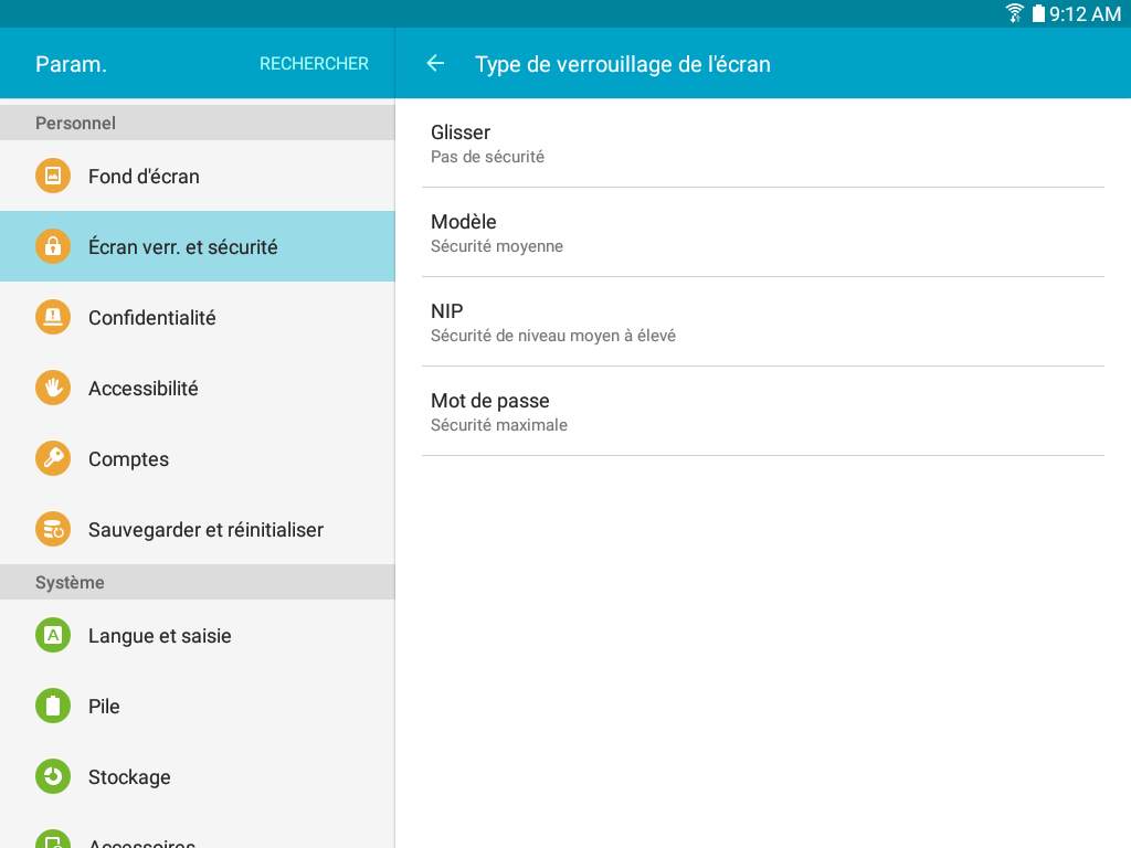 Galaxy Tab A: Modifier le type de verrouillage (SM-T350)