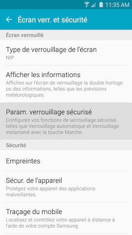 Paramètres verrouillage sécurisé