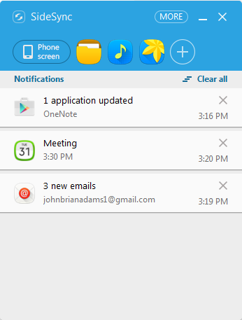 La fenêtre des notifications de SideSync s'ouvrira sur votre ordinateur