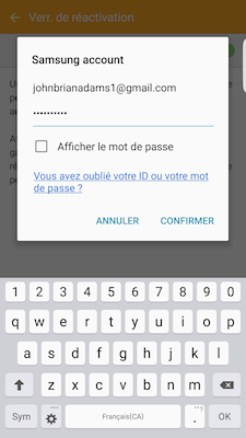 Saisissez le mot de passe associé à votre compte Samsung et touchez ensuite confirmer
