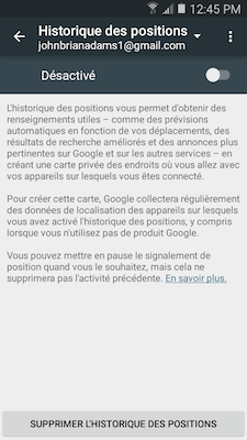 Touchez le bouton Coulissant pour activer la fonction Historique des positions Google