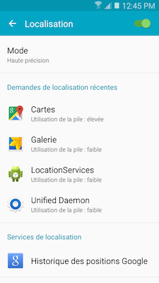 Votre appareil affiche la liste des applications qui ont demandé l’accès à votre position géographique récemment sous la rubrique Demande de localisation récentes