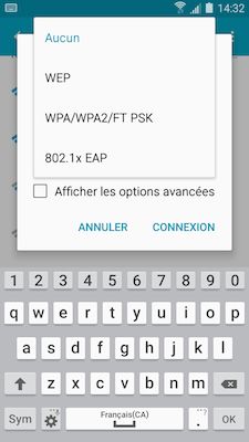 Touchez Sécurité pour choisir le niveau de sécurité du réseau que vous voulez rejoindre