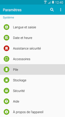Faites defiler le menu et touchez Pile dans la rubrique Systeme