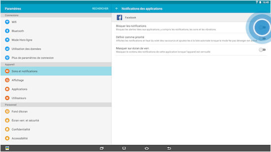 Touchez le bouton coulissant pour activer la fonction Bloquer les notifications