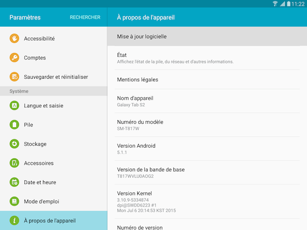 Galaxy Tab S2: Mettre à jour l'appareil (SM-T710 ou SM-T810)