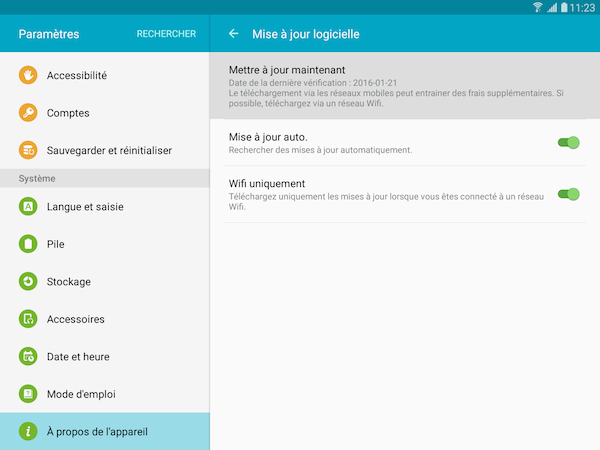 Galaxy Tab S2: Mettre à jour l'appareil (SM-T710 ou SM-T810)