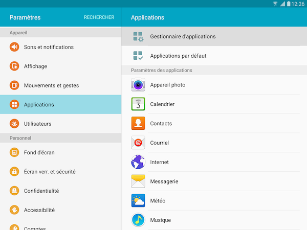 Galaxy Tab S2: Vider le cache ou effacer les données d'une application(SM-T710 ou SM-T810)